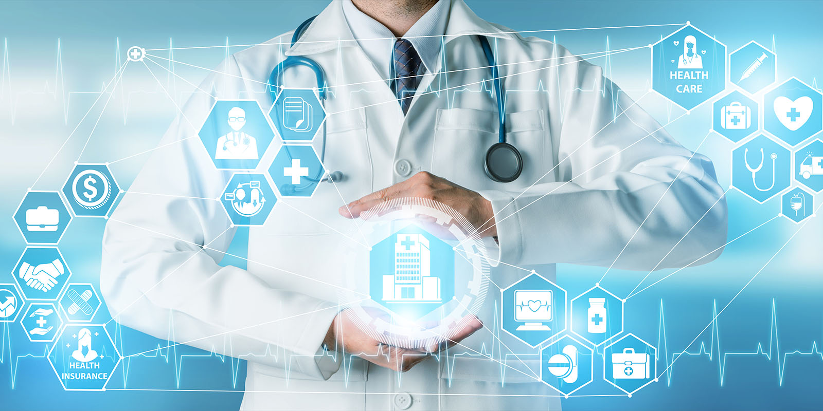 Doctor in hospital with health insurance related icon graphic